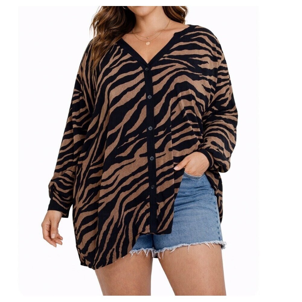 Catherines blouse top tiger striped pattern V- neck roll tab sleeve SZ 4XL